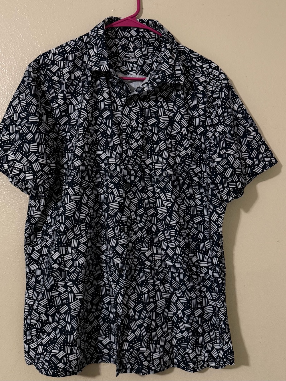 Men's Short-Sleeve Navy Patterned Button-Up Shirt
